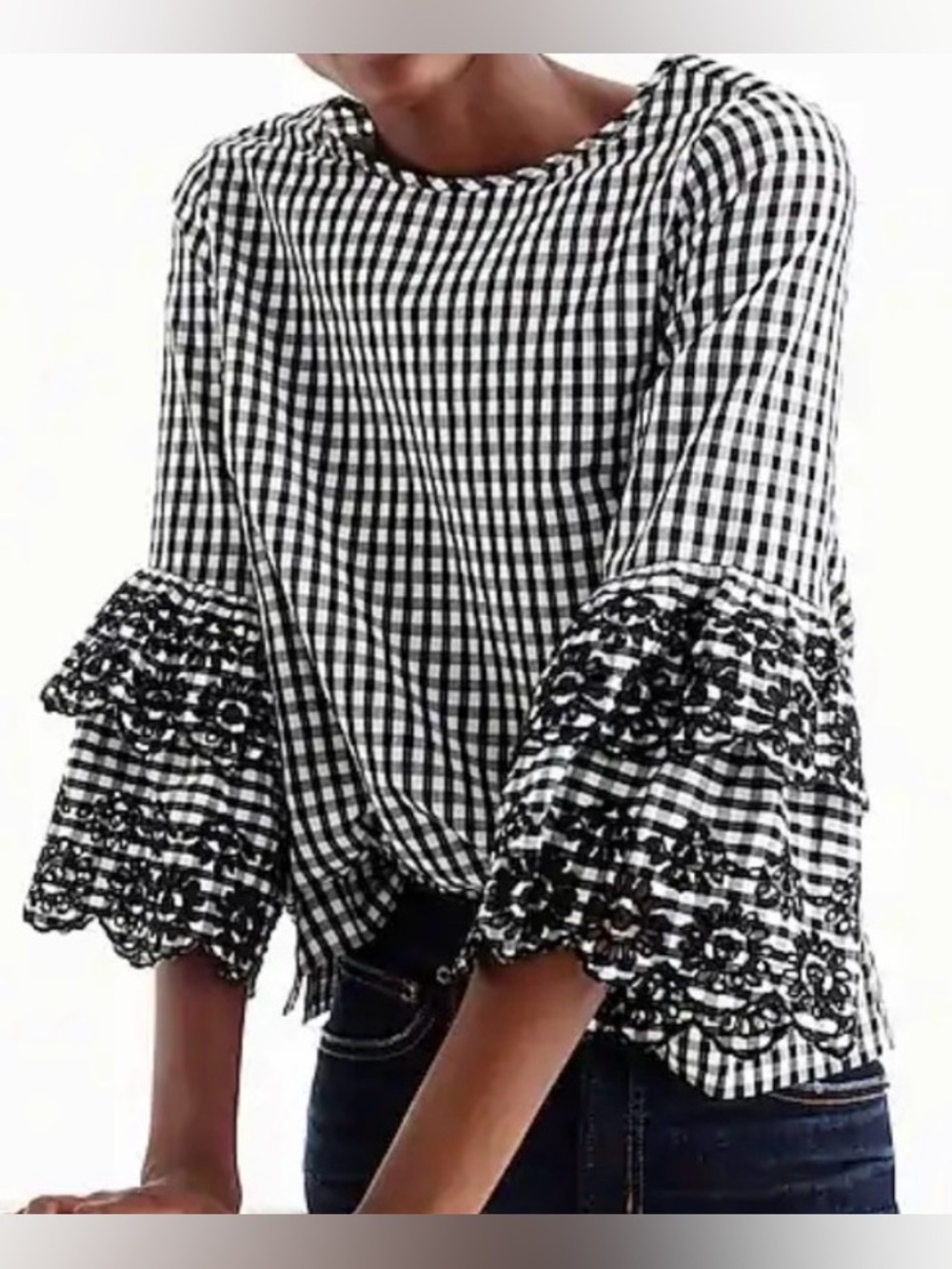 Tribal Black and White Gingham Bell-Sleeve Blouse Size Large